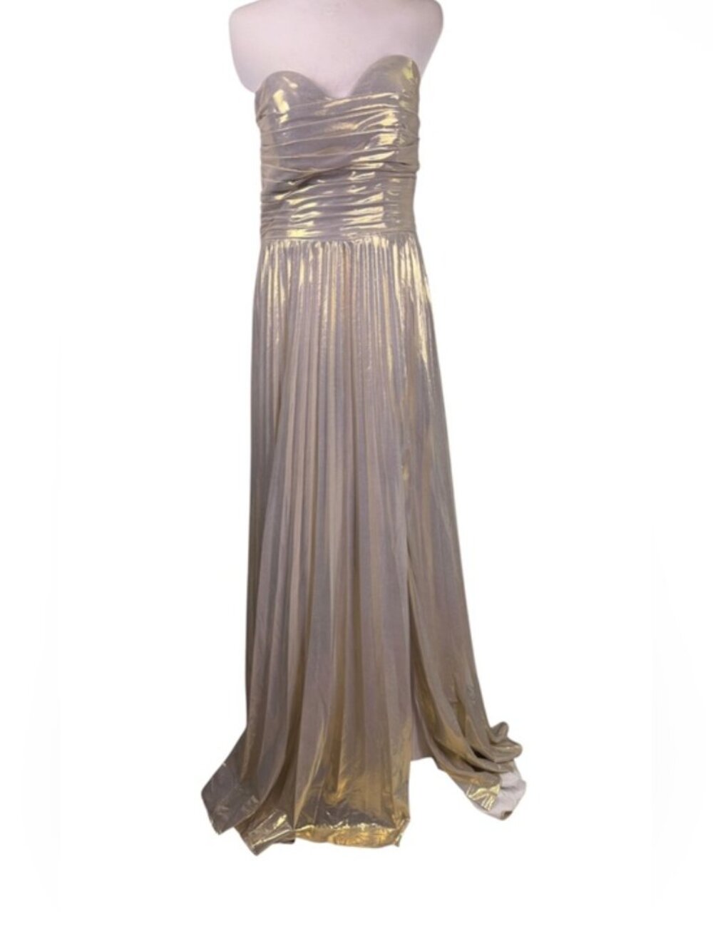 Metallic Champagne Gold Strapless Corset Formal Gown High Slit Size 14 - Picture 3 of 10